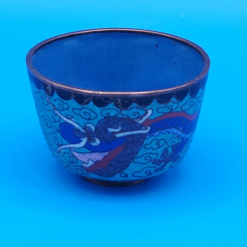 Vintage Cloisonne Enamel Sake Cup Teal Blue Dragon Cloud Motif Asian Art Barware